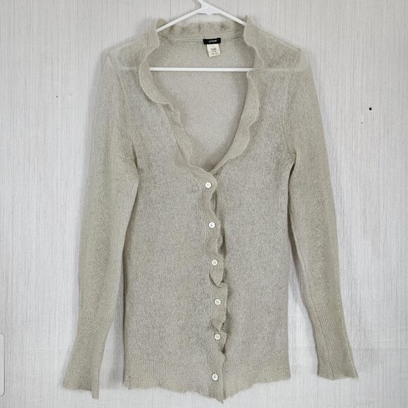 J. Crew Ruffle Mohair Cardigan Lightweight Sweater - Beige - Sz L Flaw - Picture 1 of 7
